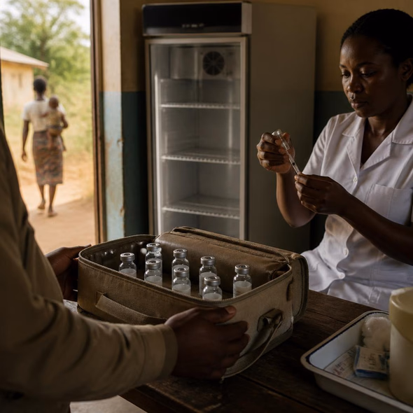 Editorial illustration for “Fridge-Free Vaccines Do Not Deliver Themselves,” based on the article’s subject.