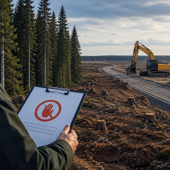 Editorial illustration for “Finland Stops Google’s Build at the Forest,” based on the article’s subject.