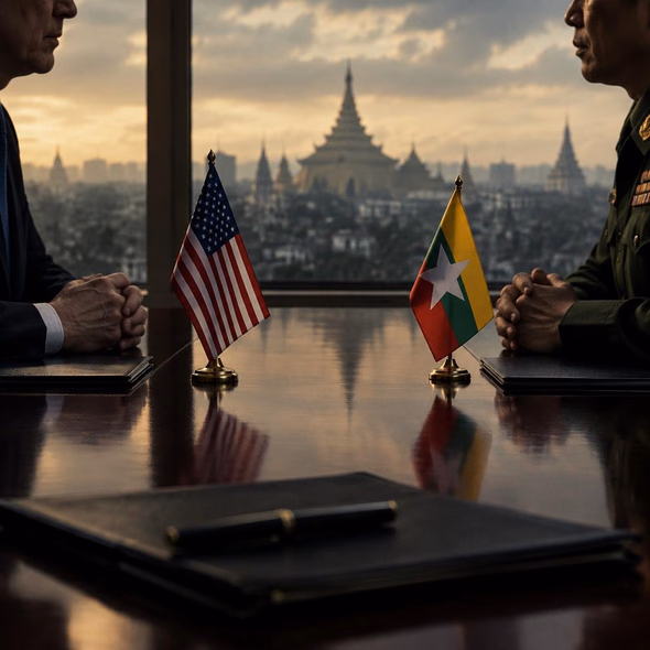 Editorial illustration for “Washington Reopens Talks With Myanmar’s Generals,” based on the article’s subject.