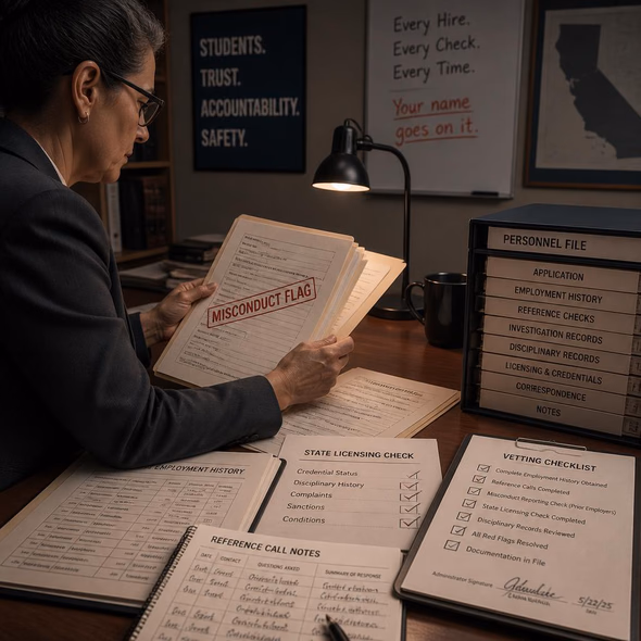 Editorial illustration for “California Puts a Name on the Vetting File,” based on the article’s subject.