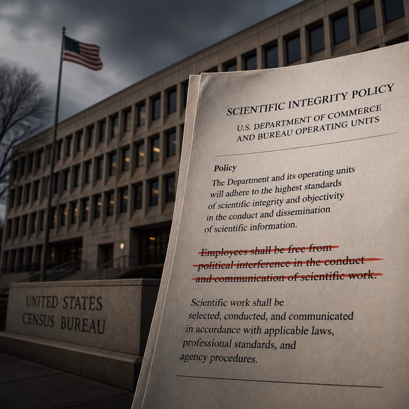 Editorial illustration for “The Census Bureau Deleted a Guardrail,” based on the article’s subject.