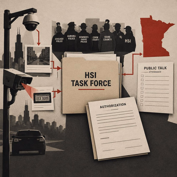 Editorial illustration for “Chicago-Area Police Helped Track Minnesota’s Anti-ICE Activists,” based on the article’s subject.