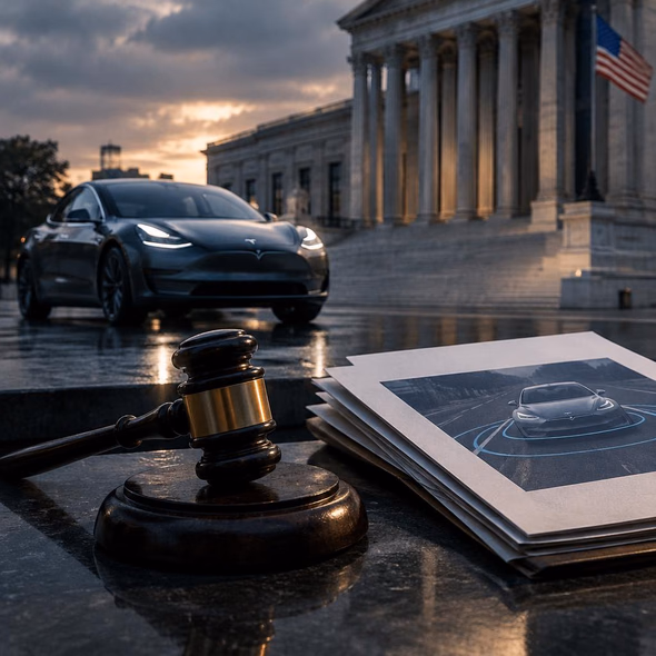 Editorial illustration for “Tesla Buyers Lose a Collective Route to Court,” based on the article’s subject.