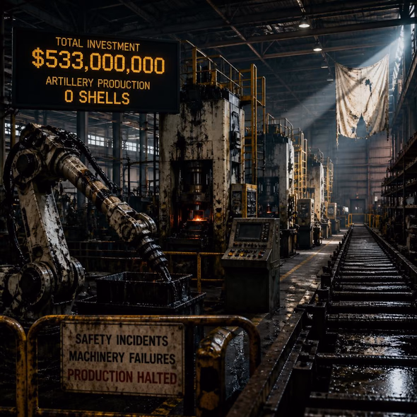 Editorial illustration for “$533 Million Later, the Artillery Plant Made Nothing,” based on the article’s subject.