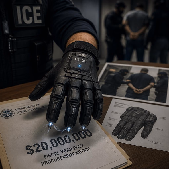 Editorial illustration for “ICE Plans $20 Million in Electric-Shock Gloves,” based on the article’s subject.
