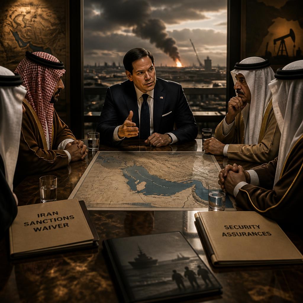 U.S. and Gulf diplomats meet over Iran policy documents and a Gulf map.
