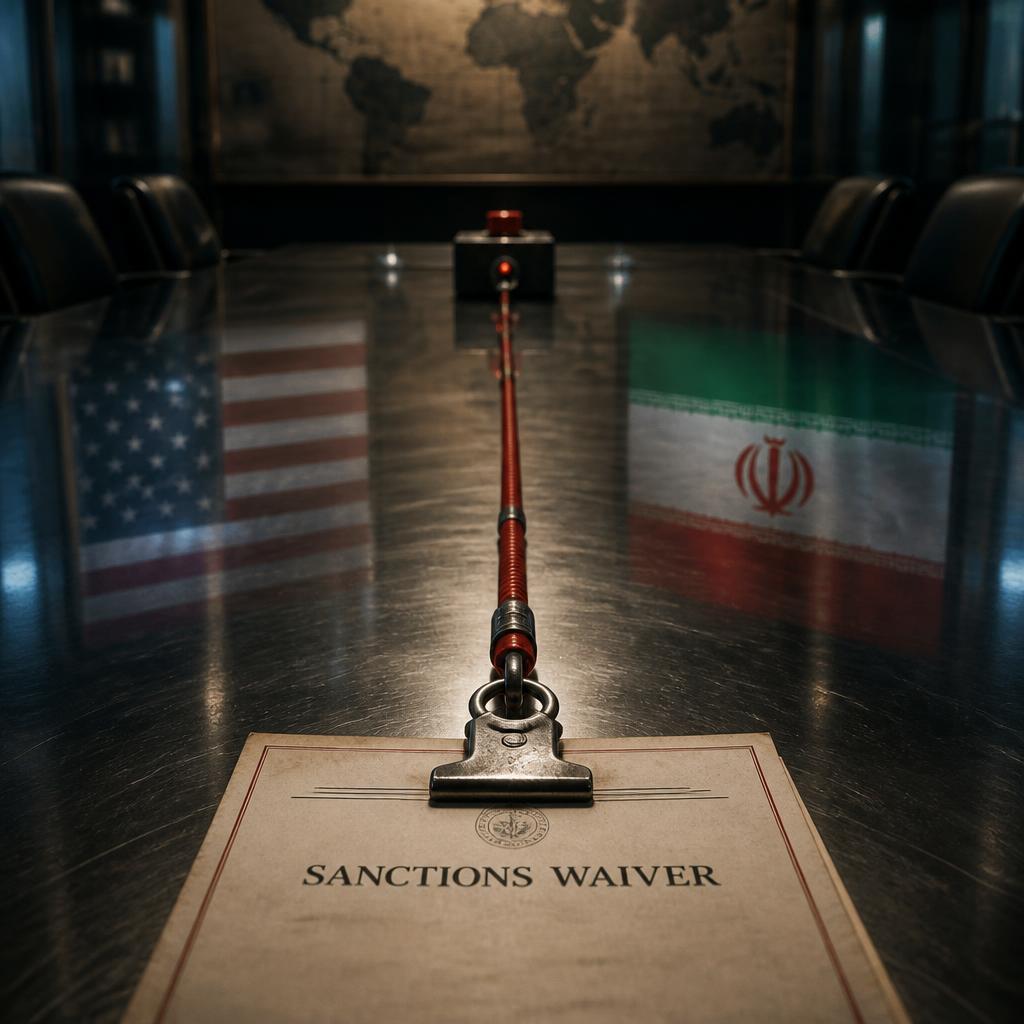 A conditional sanctions waiver depicted as a document attached to a trigger wire.