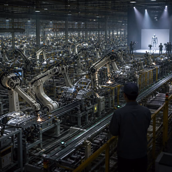 Editorial illustration for “Two Million Robots Already Work in China’s Factories,” based on the article’s subject.