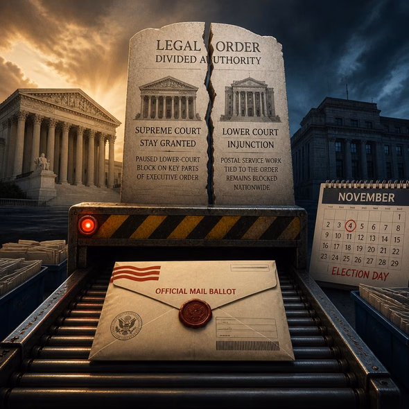 Editorial illustration for “What Did the Supreme Court Unblock on Mail Voting?,” based on the article’s subject.