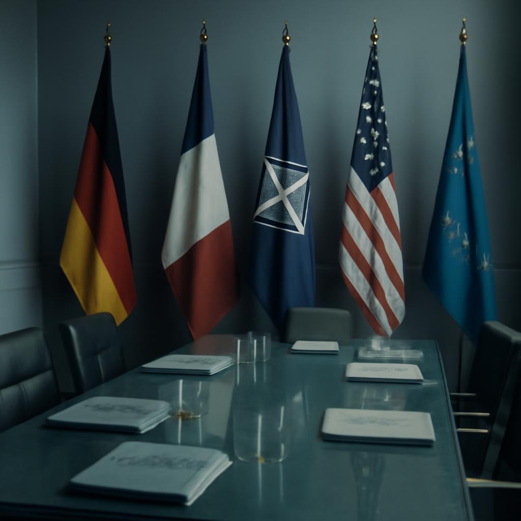 Flags and briefing materials in a polished conference room evoking alliance membership as a managed compliance process.