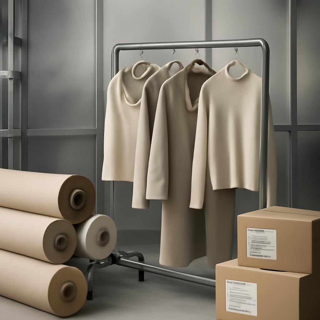 Neutral clothing displayed in a polished warehouse, suggesting fashion logistics absorbing distant conflict.