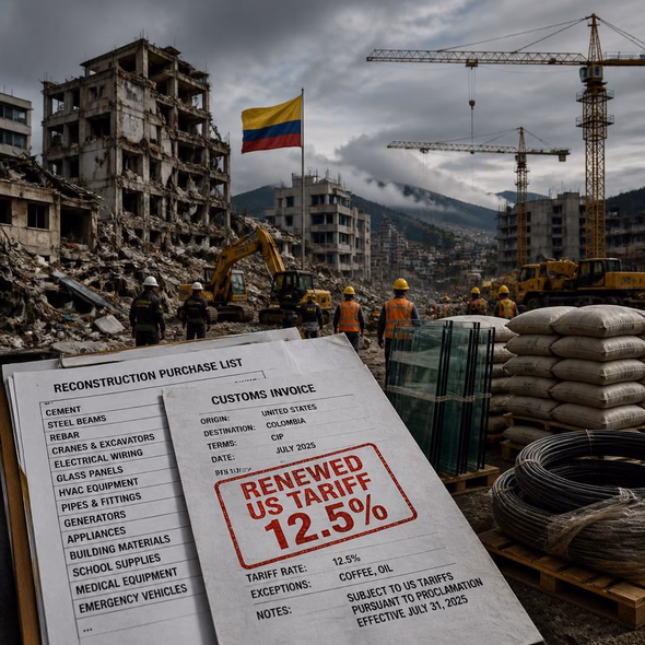 Editorial illustration for “Colombia’s Reconstruction Bill Still Includes the Tariff,” based on the article’s subject.