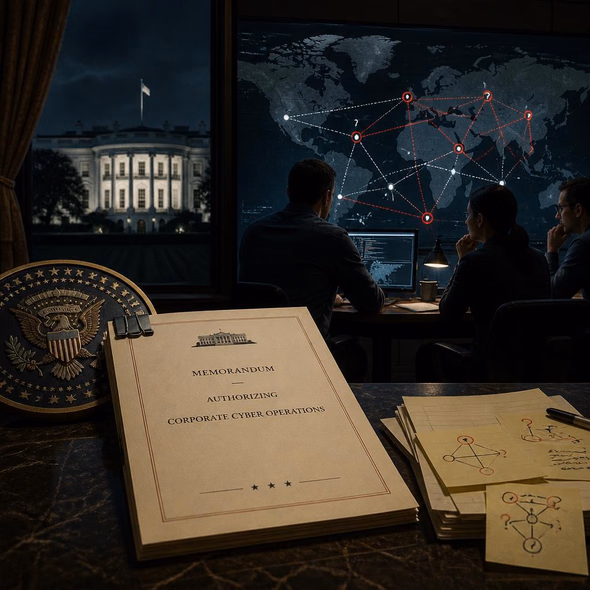 Editorial illustration for “The White House Wants Companies to Hack Back,” based on the article’s subject.