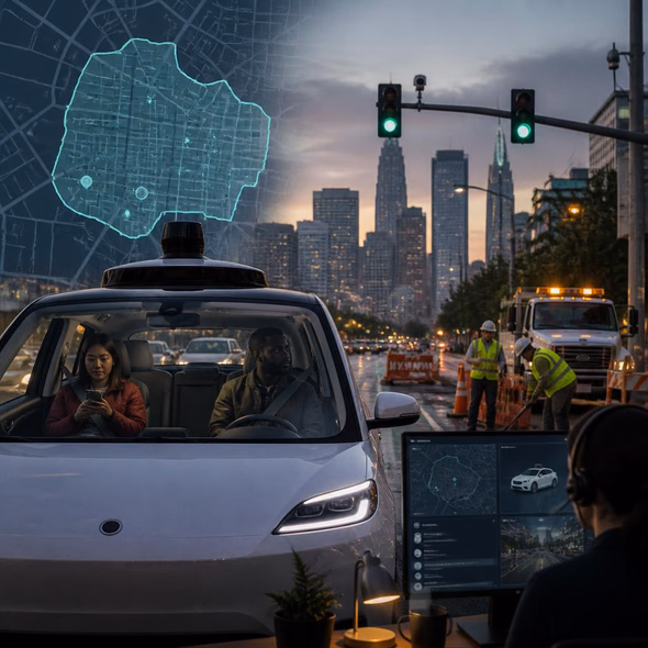 Editorial illustration for “Where Do Robotaxis Actually Work?,” based on the article’s subject.