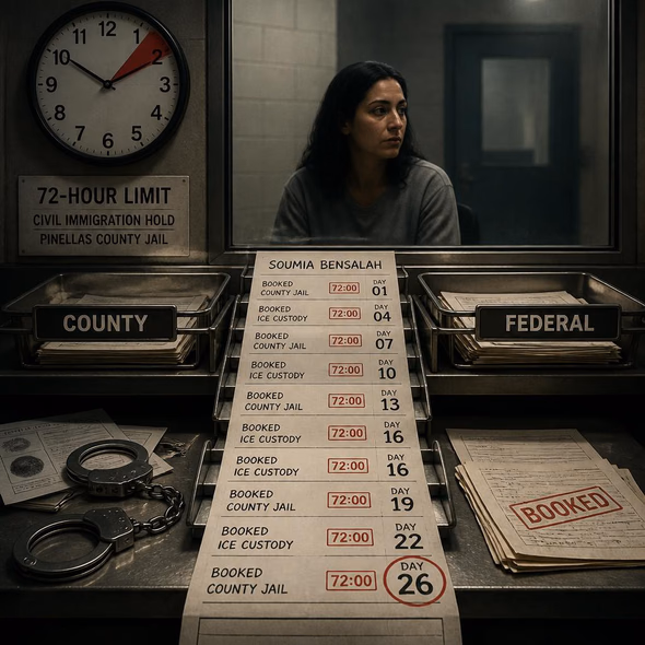 Editorial illustration for “A 72-Hour Jail Hold Lasted 26 Days,” based on the article’s subject.