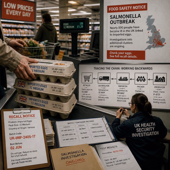 Editorial illustration for “Britain Counts Nearly 500 Salmonella Cases,” based on the article’s subject.