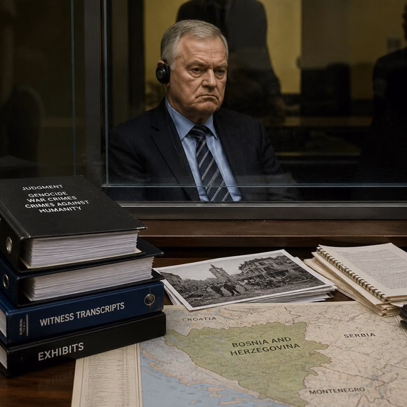 Editorial illustration for “Ratko Mladić’s Death Does Not Retire the Record,” based on the article’s subject.