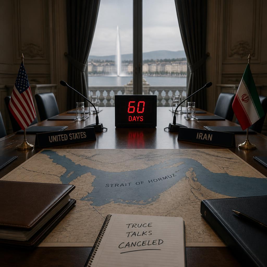 Empty Geneva negotiation table with U.S. and Iranian placards and a 60-day countdown clock.