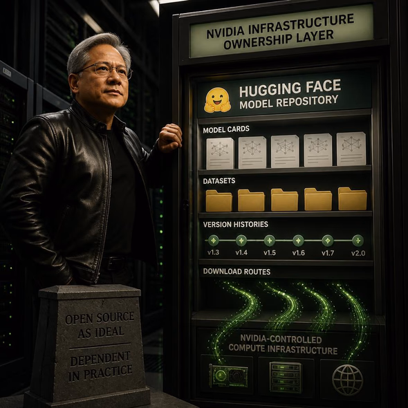 Editorial illustration for “Nvidia Buys the Open-Source Shelf,” based on the article’s subject.