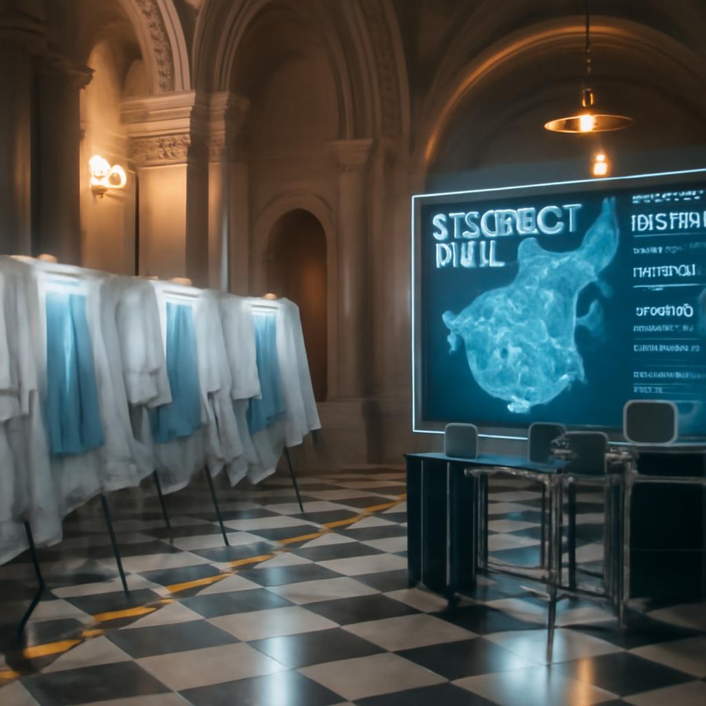 Voting booths covered during a map-redrawing maintenance pause inside a polished government hallway