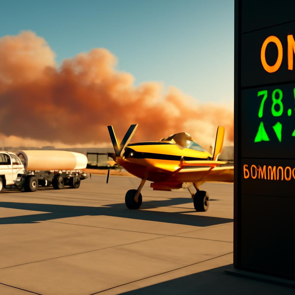 A firefighting aircraft waits beside fuel trucks while market screens display rising energy prices