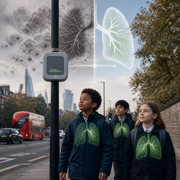 Editorial illustration for “Children’s Lungs Responded to London’s Clean-Air Zone,” based on the article’s subject.
