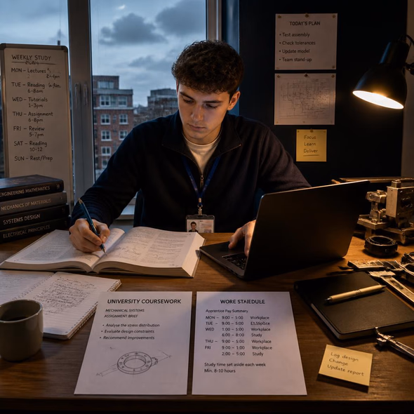 Editorial illustration for “England’s Degree-Apprenticeship Demand Quadruples,” based on the article’s subject.