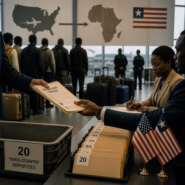 Editorial illustration for “Liberia Agrees to Take 1,200 US Deportees,” based on the article’s subject.
