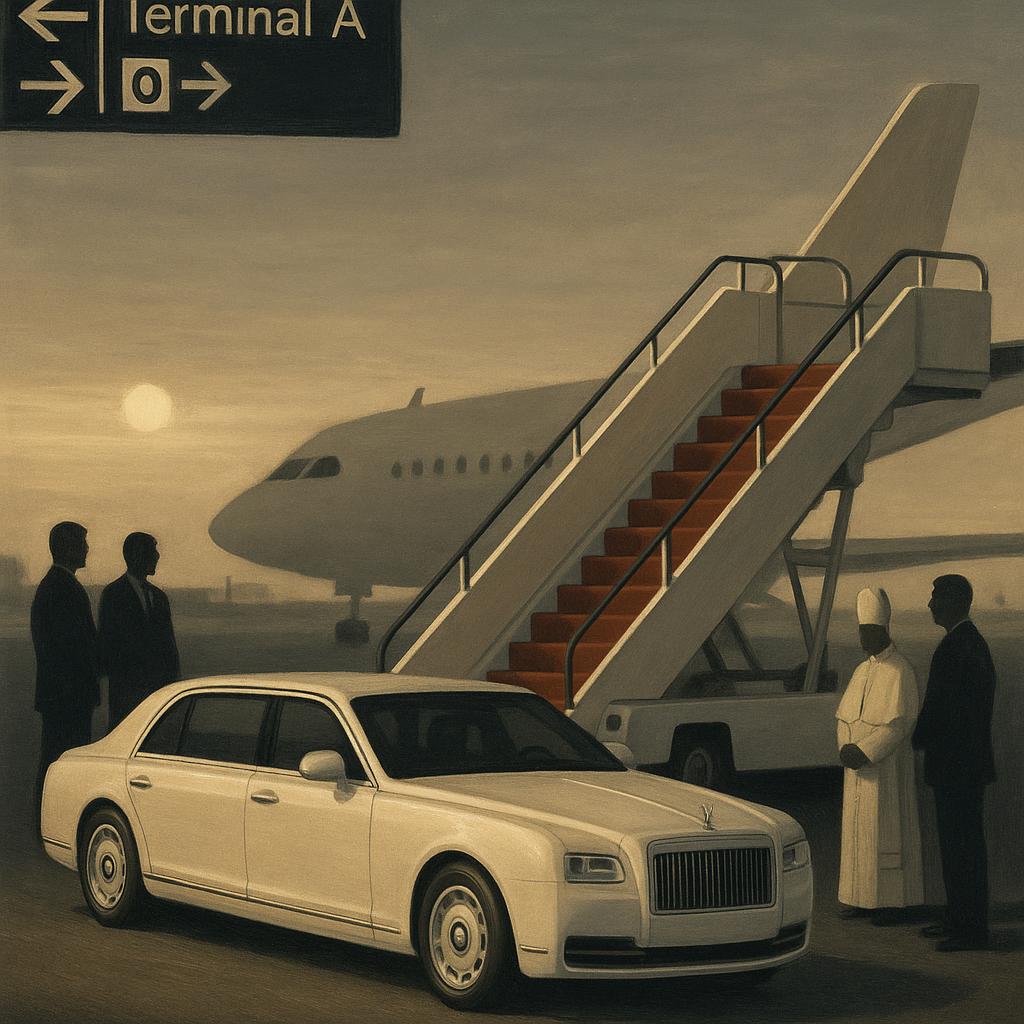A ceremonial vehicle on an airport tarmac staged with corporate polish and softly ominous pageantry.