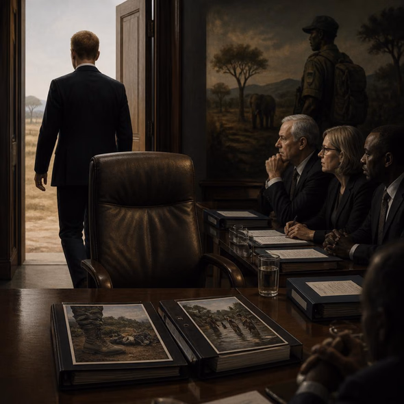 Editorial illustration for “Prince Harry Leaves African Parks. Accountability Stays.,” based on the article’s subject.