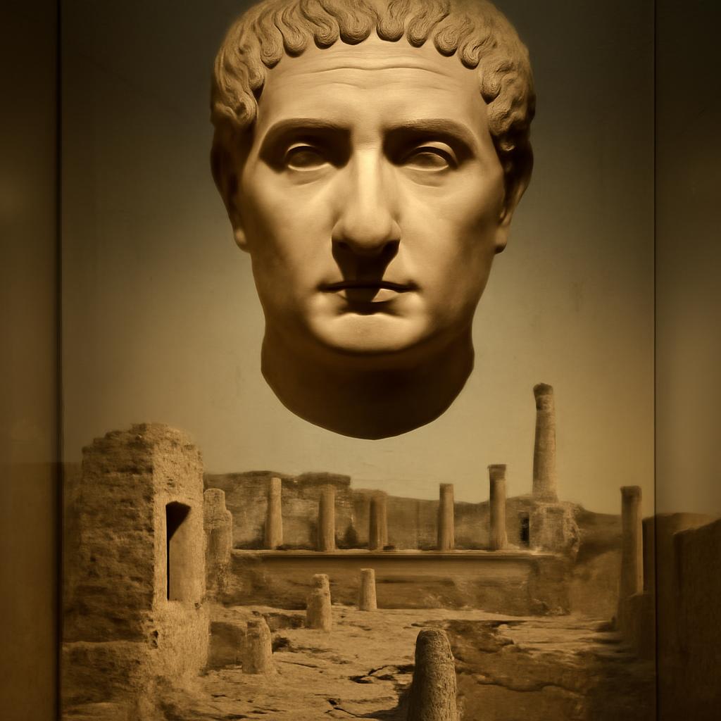 A reconstructed face from ancient Pompeii displayed above the ruins with digital visual cues