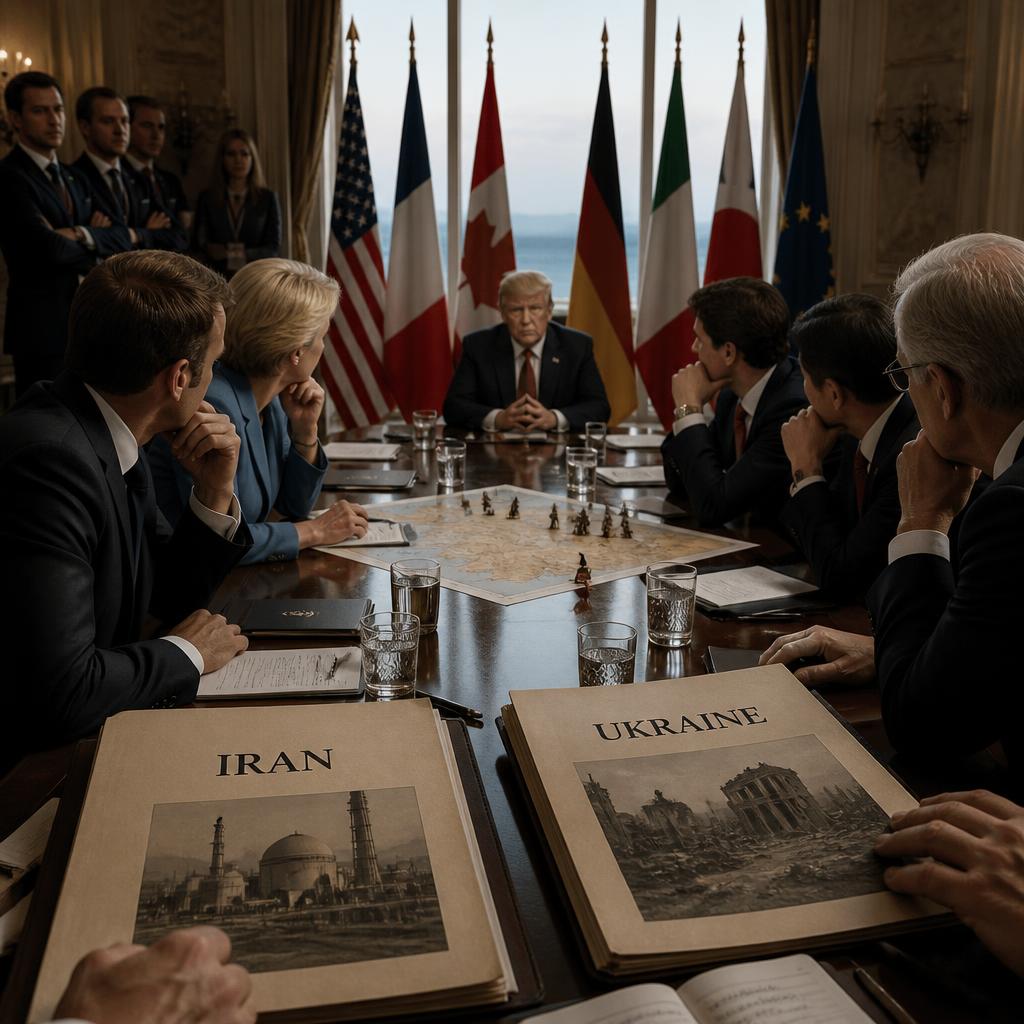 G7 summit table with documents on Iran and Ukraine as leaders watch for U.S. signals.