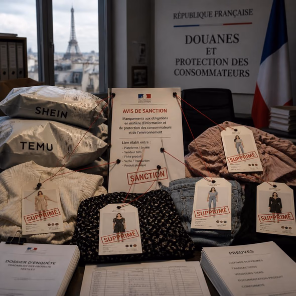 Editorial illustration for “France Fines the Disposable Storefront,” based on the article’s subject.