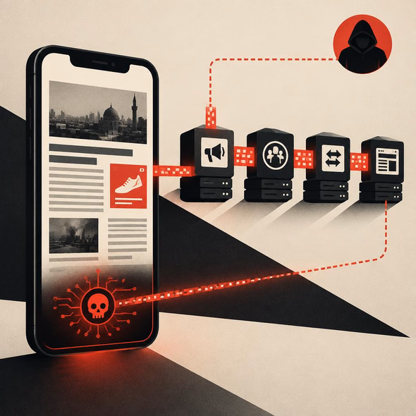 Editorial illustration for “The Ad Can Deliver Spyware Without a Click,” based on the article’s subject.