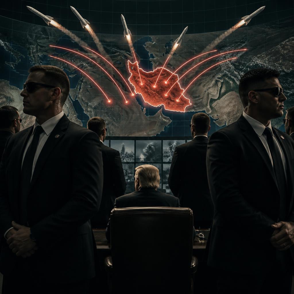 Security agents before a military targeting display