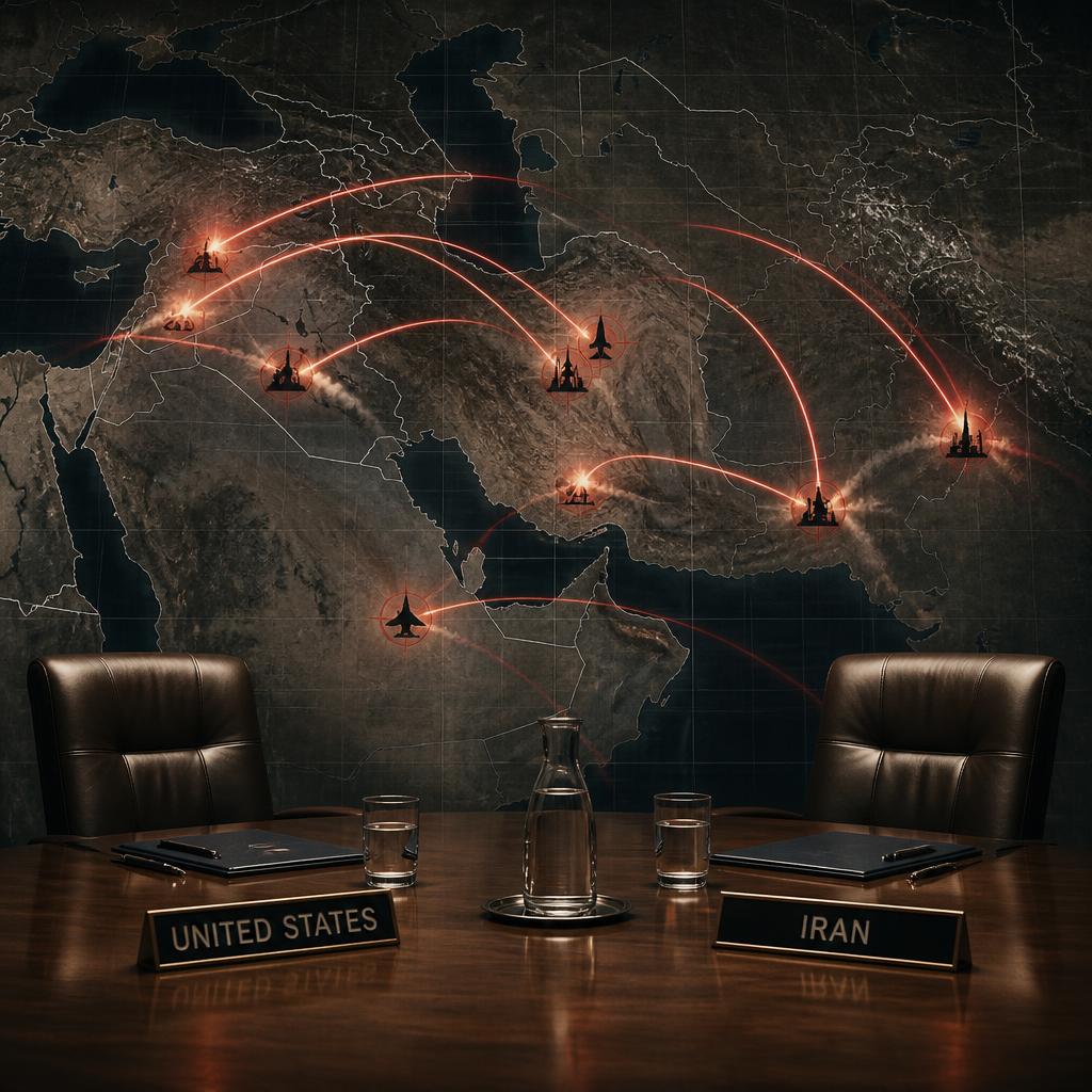 An empty U.S.-Iran negotiating table before a map showing missile routes