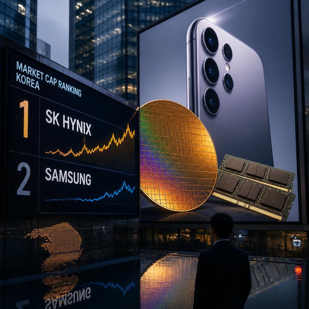 Market board in Seoul showing SK Hynix overtaking Samsung, with memory chips and phone imagery.