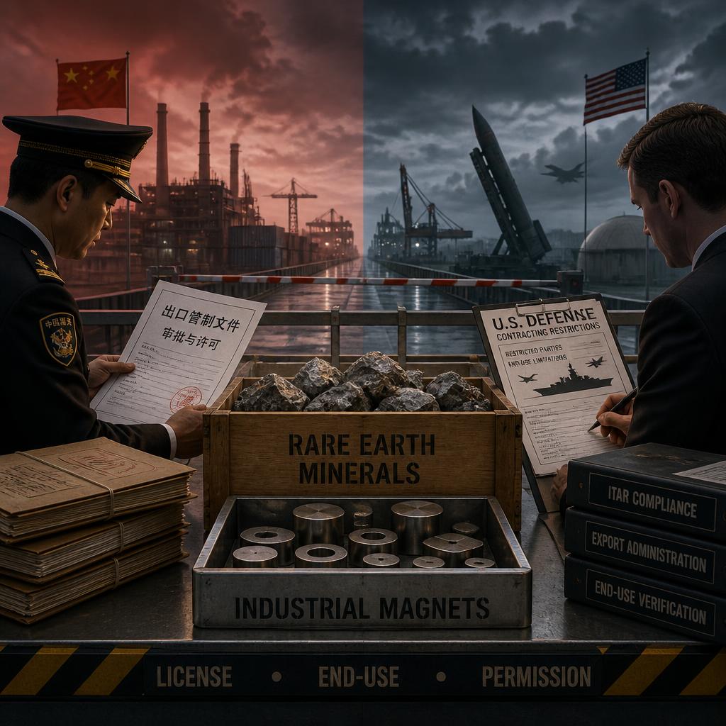 Rare earth export crates examined at a customs checkpoint between Chinese and U.S. trade documents.