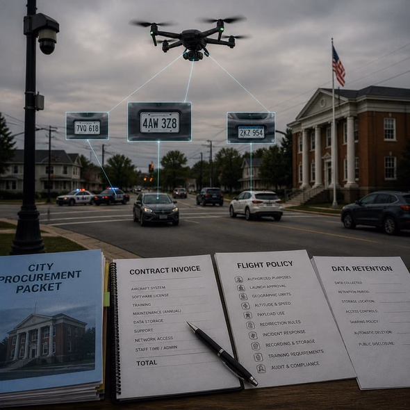 Editorial illustration for “Before Your Town Buys a License-Plate Drone,” based on the article’s subject.