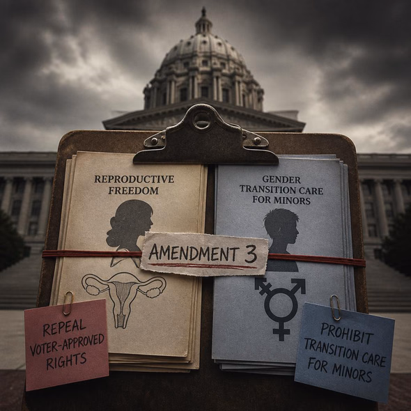 Editorial illustration for “Missouri Republicans Link Two Rights Fights,” based on the article’s subject.