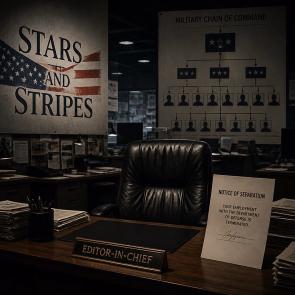 Editorial illustration for “Who Fired Stars and Stripes Editor Erik Slavin—and Why?,” based on the article’s subject.