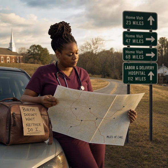 Editorial illustration for “Half of U.S. Counties Lack Delivery Hospitals. Alabama Shows the Mileage.,” based on the article’s subject.