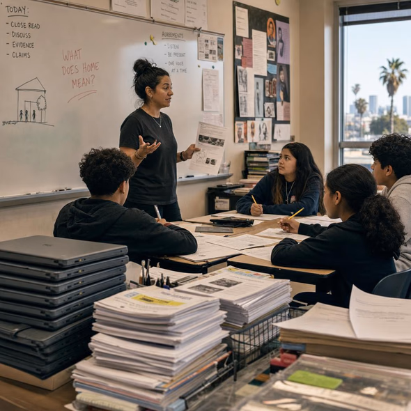 Editorial illustration for “LAUSD Cuts Screen Time; Teachers Inherit the Transition,” based on the article’s subject.