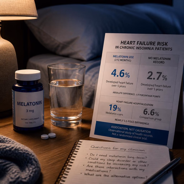 Editorial illustration for “Melatonin’s Harmless Image Faces a Heart-Failure Signal,” based on the article’s subject.