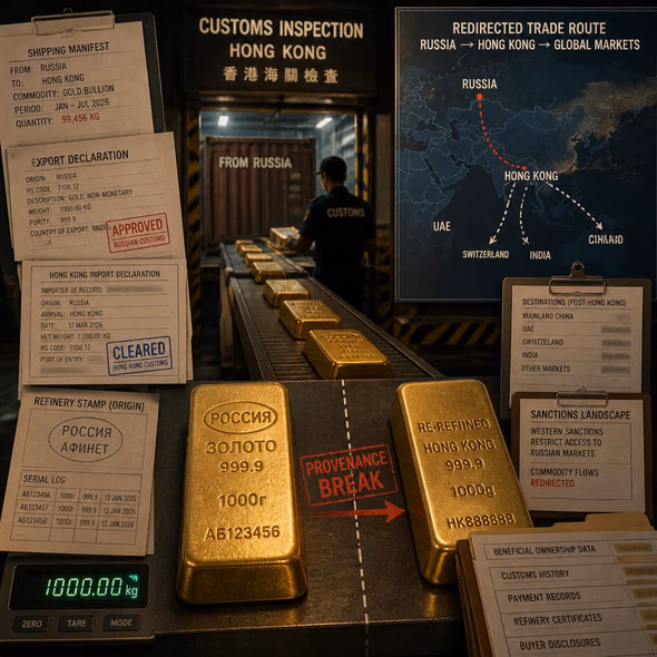 Editorial illustration for “Nearly 100 Tonnes of Russian Gold Passed Through Hong Kong,” based on the article’s subject.