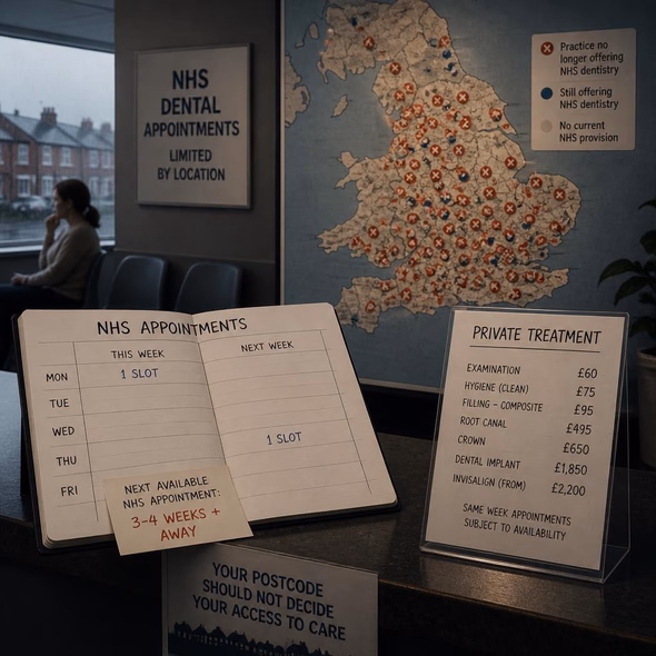 Editorial illustration for “England’s Dental Map Has a Private Exit,” based on the article’s subject.