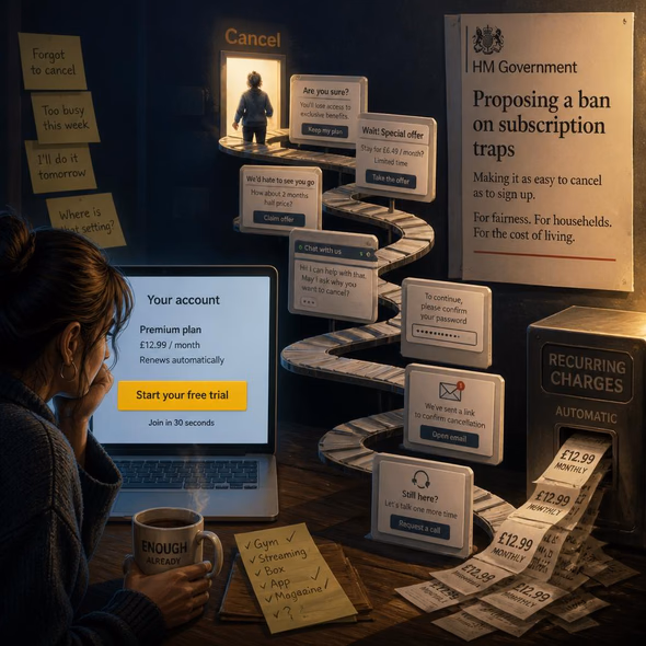 Editorial illustration for “Britain Wants the Cancel Button Back,” based on the article’s subject.