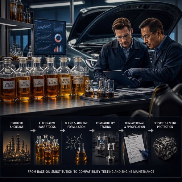 Editorial illustration for “Carmakers Search for a New Oil Blend,” based on the article’s subject.