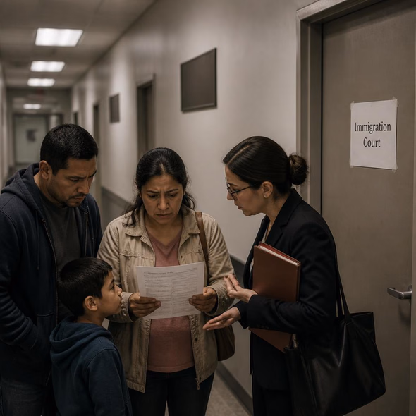 Editorial illustration for “An Immigration Court Needs an Address,” based on the article’s subject.