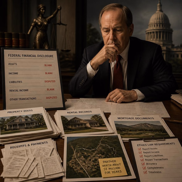 Editorial illustration for “Ken Paxton’s Disclosures Fail the Receipt Test,” based on the article’s subject.
